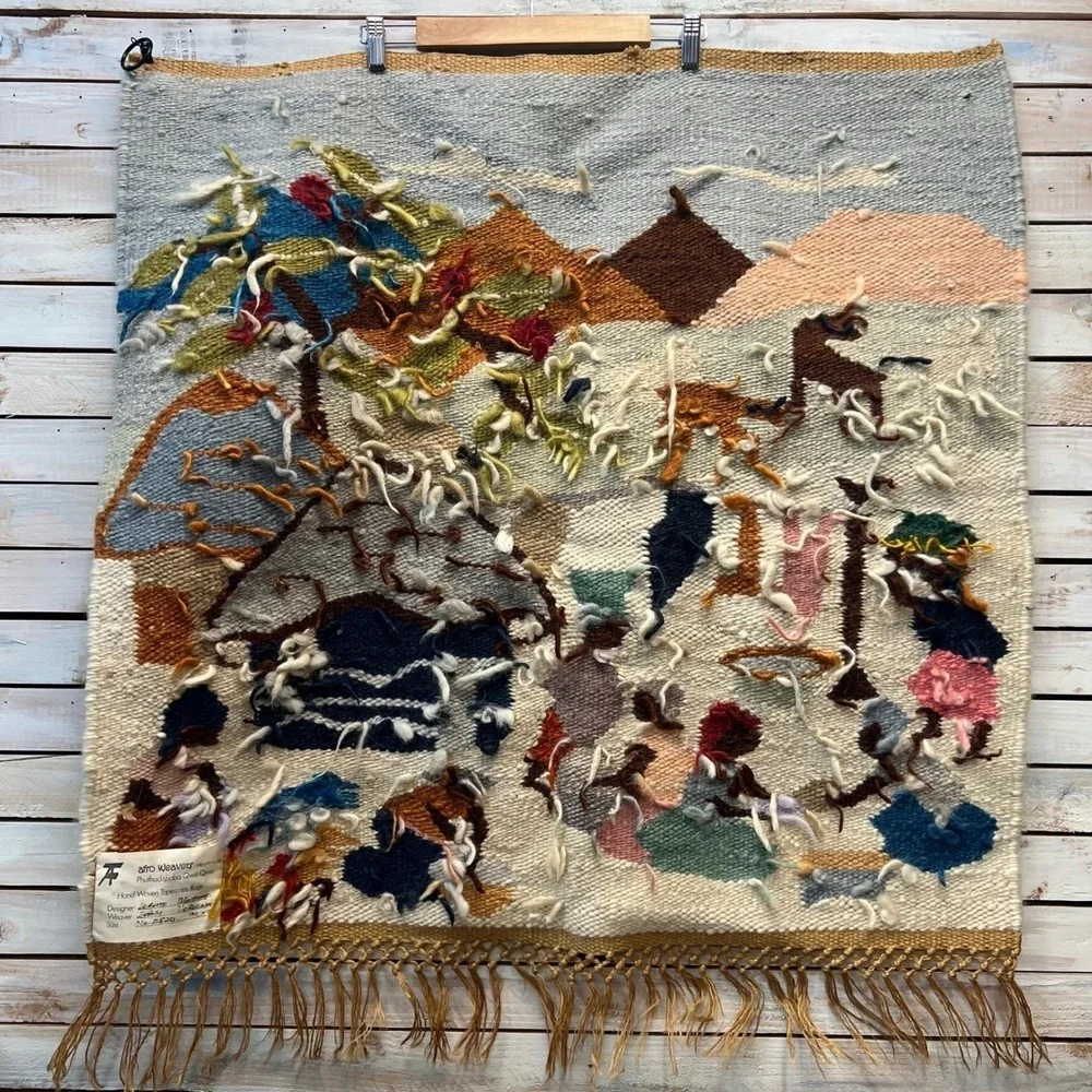 Vintage Afro Weavers Wool Hand Woven Tapestry Village Scene‎ Wall Hanging 95x90